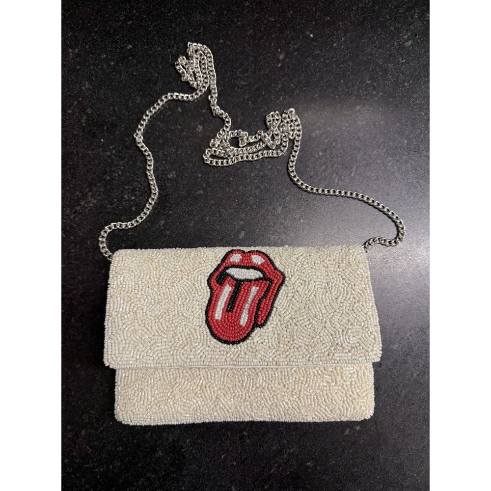 Rolling‎ Stones Tongue Logo Beaded Crossbody Clutch Purse Ivory Handmade India
